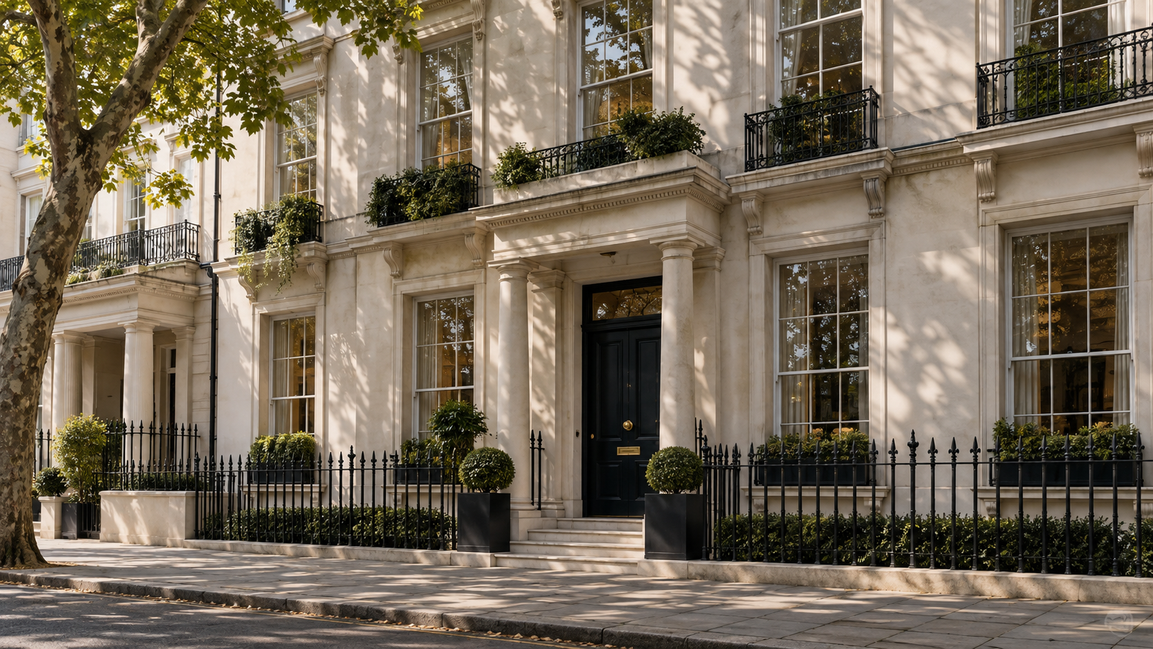 Architectural concept of an elegant London townhouse with pale stone and black railings